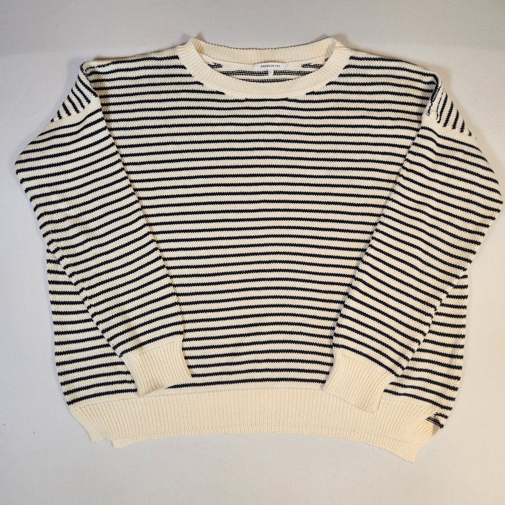 Emerson Fry Relaxed Crew Neck White Stripe Knit Sweater Organic Cotton Large